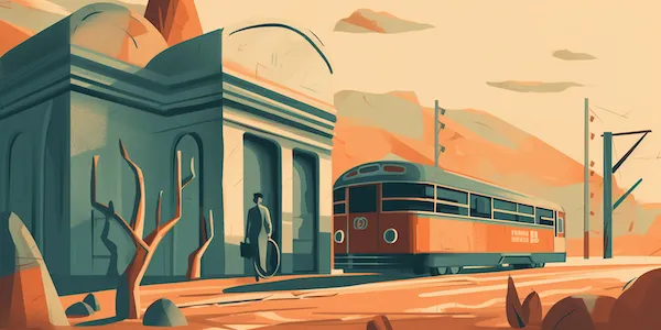 Illustration in warm orange and teal: a traveller with a briefcase stands in the doorway of a domed stone station next to a vintage orange tram, with desert hills behind